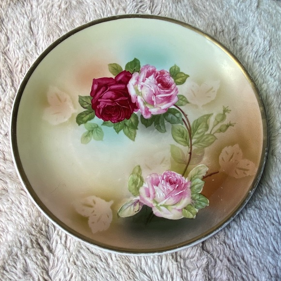 Germany Other - Antique German Hand-painted Gold Gilt Red Pink Rose Flower Decorative Plate